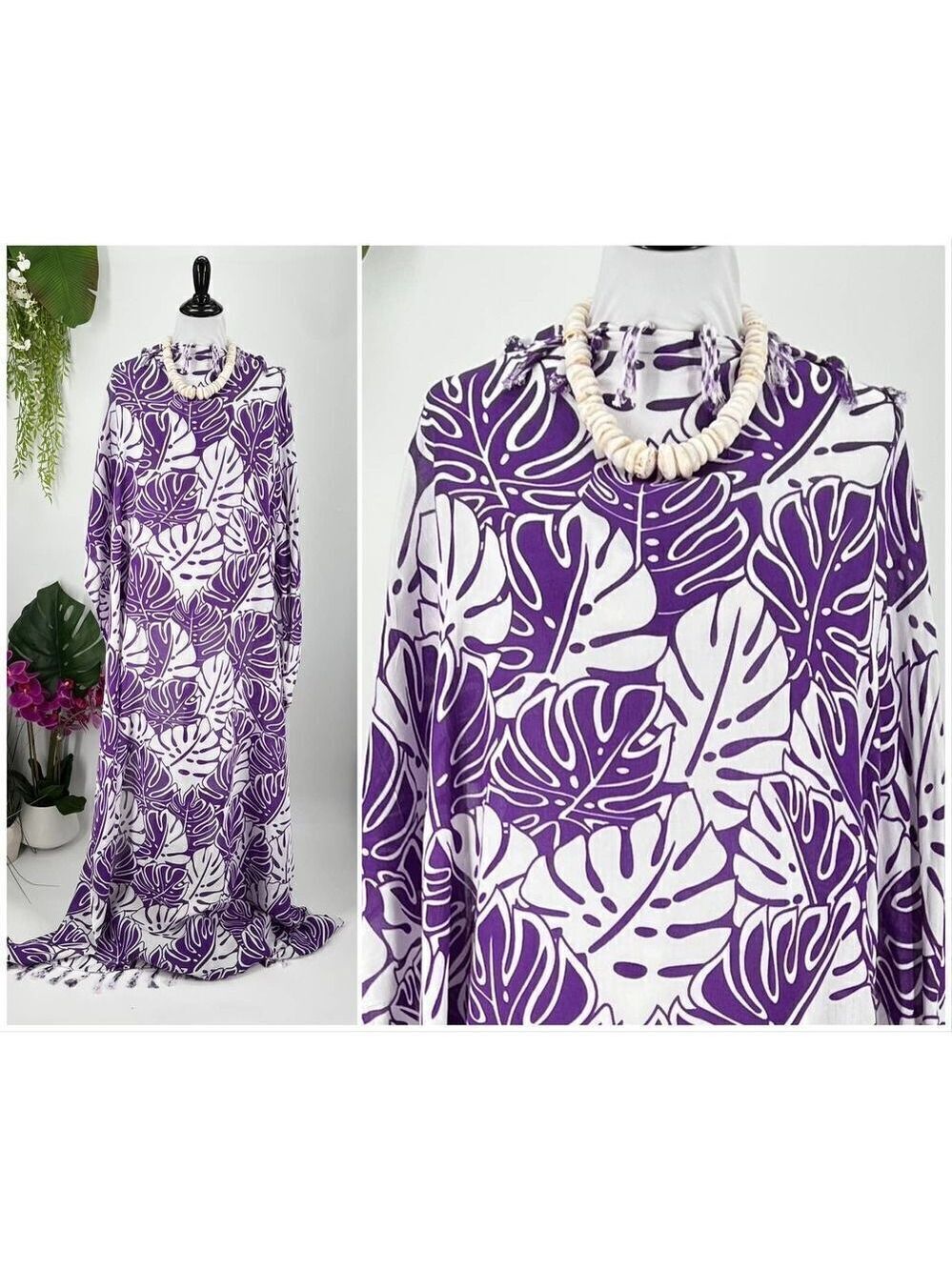 Purple White Monstera Tropical Hawaiian MAXI SARONG Kīkepa Pareo Beach WrapSkirt